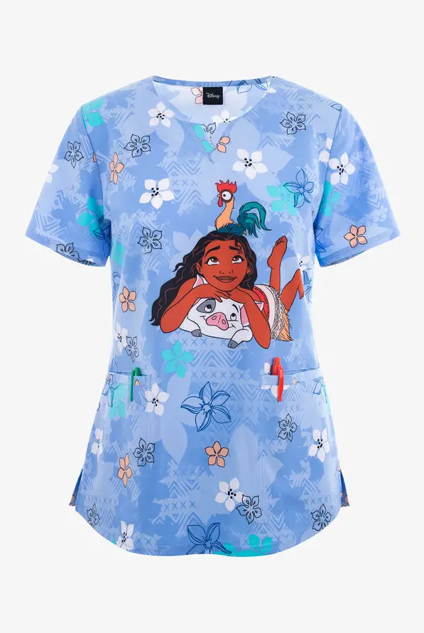 Beach Buddies Moana Women's 2 Pocket V Neck Print Scrub Top Marie the Cat Cartoon Scrub Top Women's T-shirt