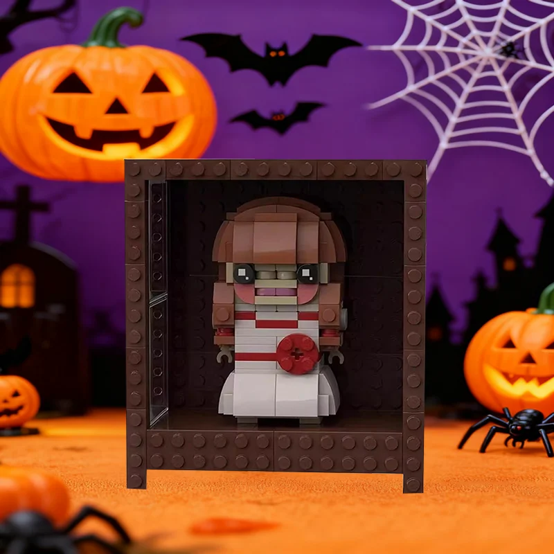 

MOC Annabelle Brickhead, строительные блоки, модель ужасов, кукла-призрак в шкафу, Аннабель, кирпичи, игрушки, подарки на Хэллоуин для детей