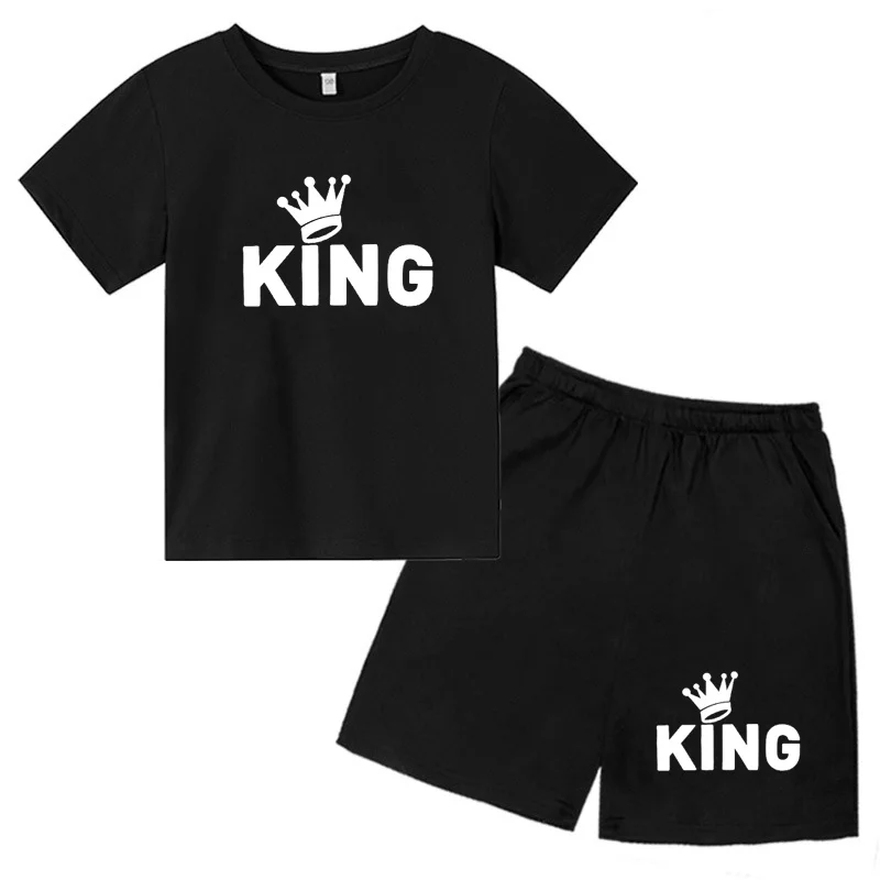 

King Printig Children Summer T shirt Suits 4-14T Size Loose Comfortable 4-14Age Children Suits