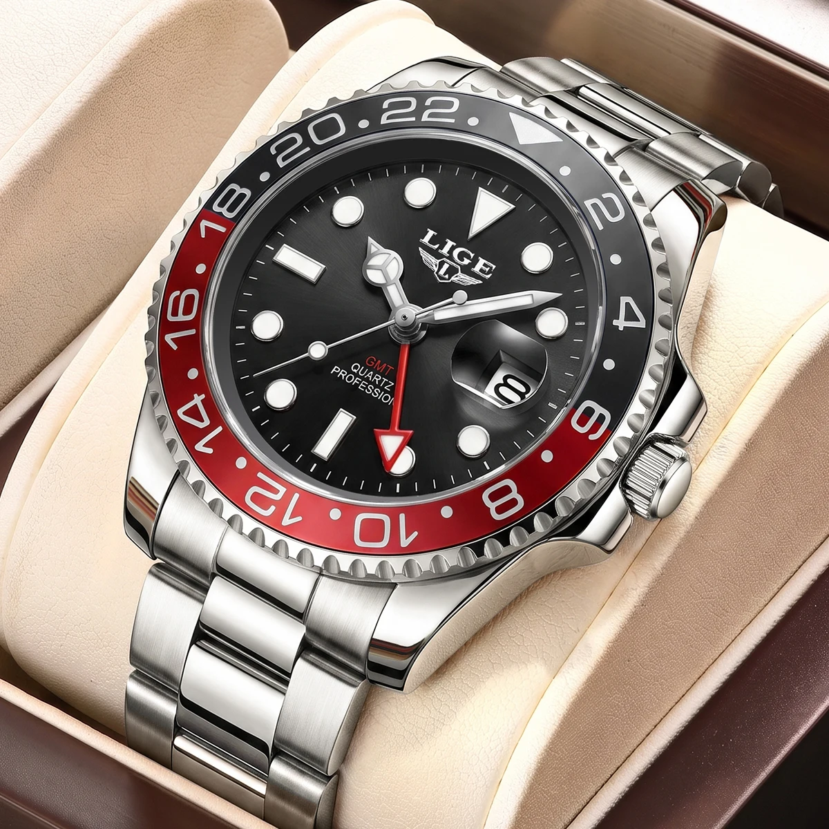 LIGE Original GMT Men Watches Quality Clock Waterproof Luminous Date Luxury Man Watch Stainless Steel Quartz Men's Watches Male