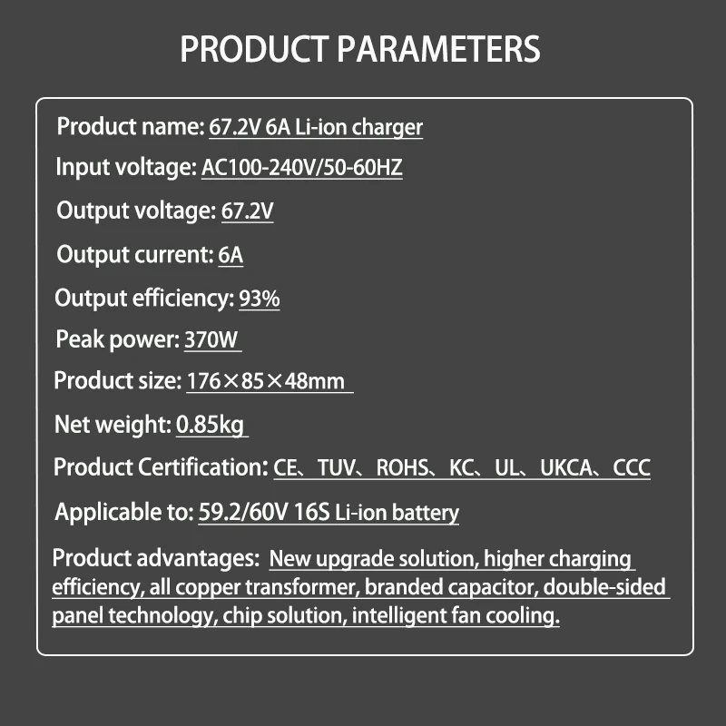 67.2V 2A/4A/6A Charger 16S Li-ion Battery 110V-240V 59.2V 60V Charger Output 6A for 60V Lithium GX16/IEC/XLR/XT60/XT90 Plug