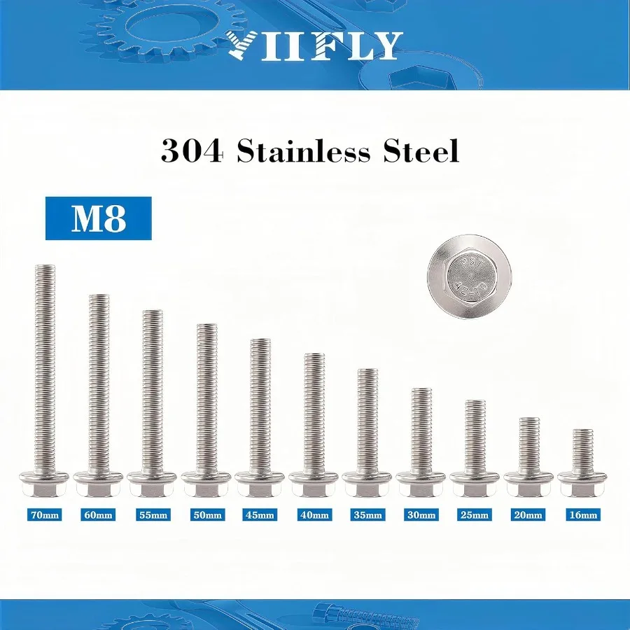 Bulloni esagonali flangiati M8 x 30mm Viti esagonali flangiate Bullone M8x1.25 Acciaio inossidabile 304 A270 Finitura brillante Esagono completamente filettato