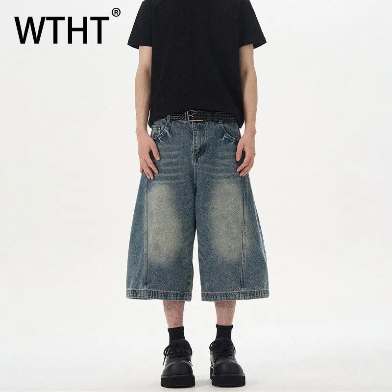 

Мужские джинсовые шорты WTHT в винтажном американском стиле с эффектом потертости и пэчворком, свободного кроя, лето 2026, модель 2A2966