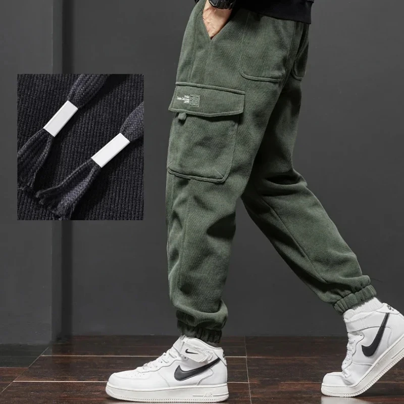 2024 Winter New Men\'s Fleece Corduroy Soft Cargo Harem Pants Thickened Warm Elastic Loose Street Jogging Sports Trousers Male