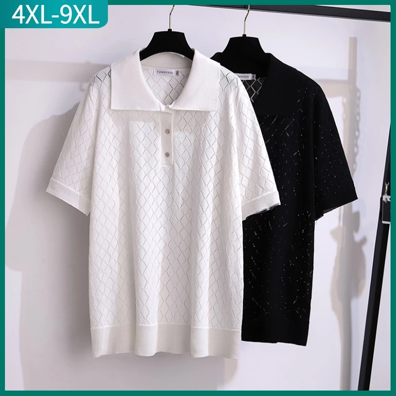 

New 2023 Summer Plus Size Knit Tops For Women Large Short Sleeve Slim Elastic White Black Polo T-shirt 4XL 5XL 6XL 7XL 8XL 9XL