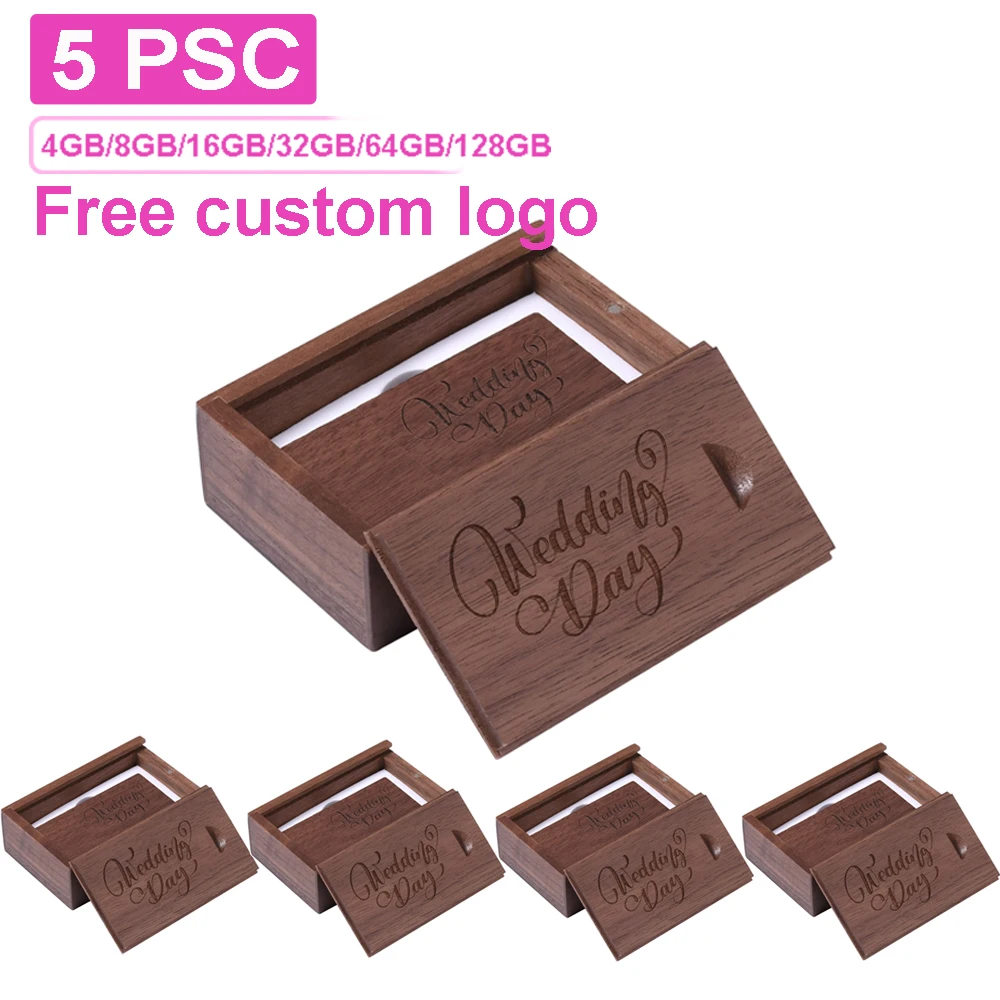 Unidad Flash USB de madera de nogal, 5 unidades por lote, 128GB, unidad de bolígrafo con logotipo personalizado gratis, 64GB, memoria para estudio de fotografía, 64GB, regalo de boda