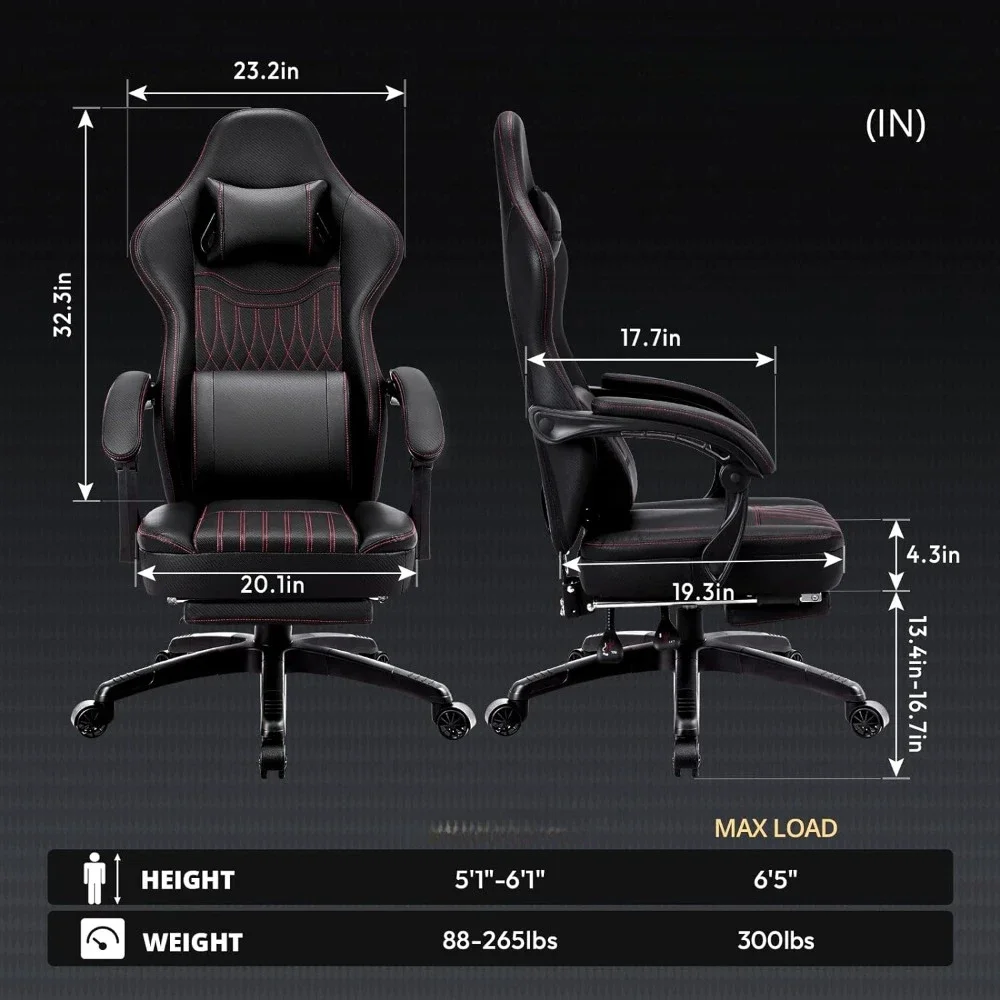 Breathable leather adjustable rotating black gaming chair with pocket spring pad, massage waist, footstool,  GM