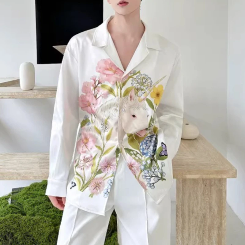 Spring Printed Pearl Studded Long Sleeved Shirt Men Suit Collar Casual Streetwear Shirt Social Nightclub Performance Costumes