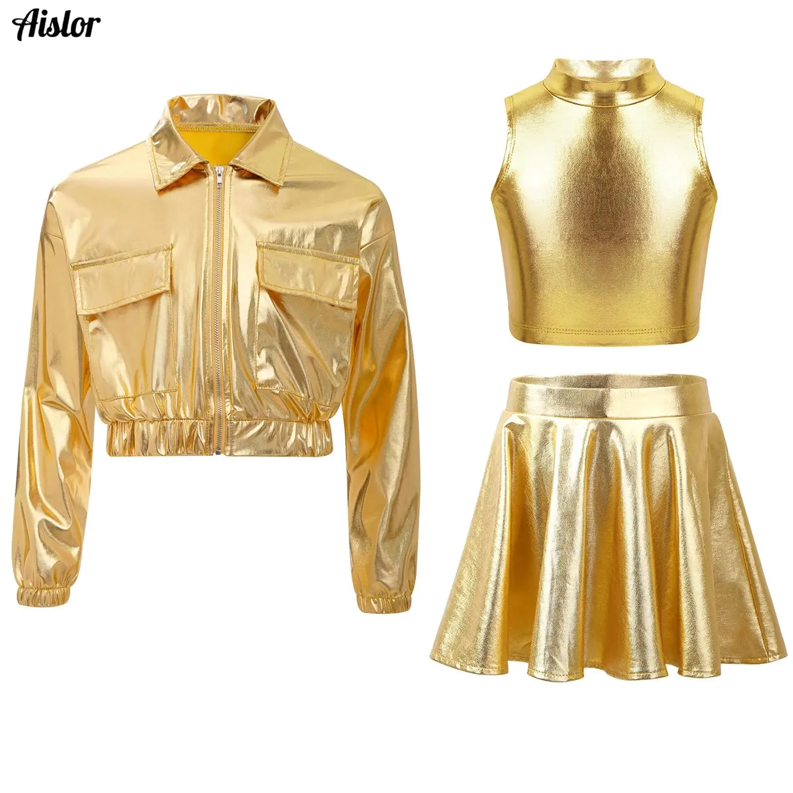 3Pcs Kids Girls Hip Hop Dance Outfit Metallic Shiny Turn-Down Collar Long Sleeve Jacket Outwear+Turtleneck Crop Tank Tops+Skirt