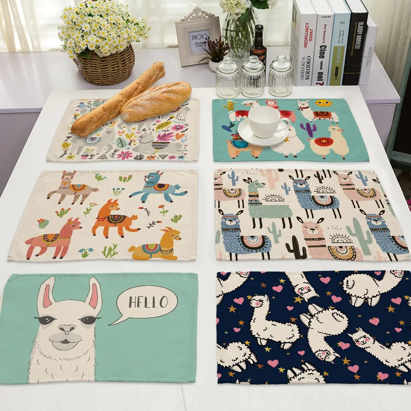 Cartoon Cute Alpaca Faux Linen Cloth Placemat Animal Dining Table Mat Cup Drink Coasters Kitchen Accessories Decoration Home