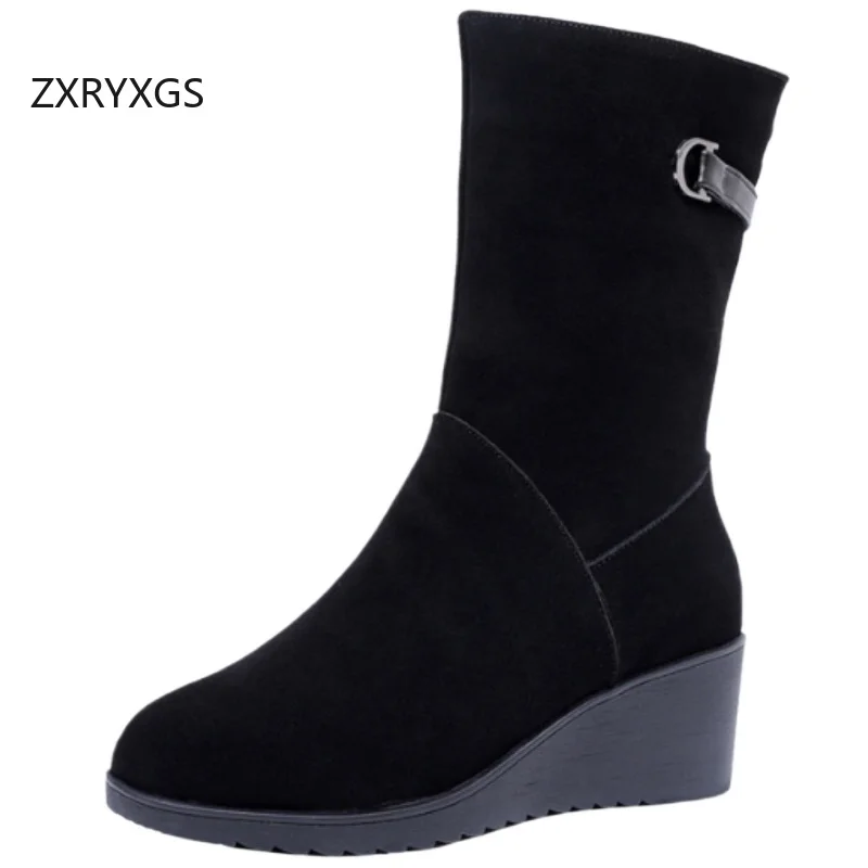 

ZXRYXGS Matte Cowhide Genuine Leather in-tube Boots Wedges 2026 New Fashion Autumn Winter Boots Large Size Women Trendy Boots