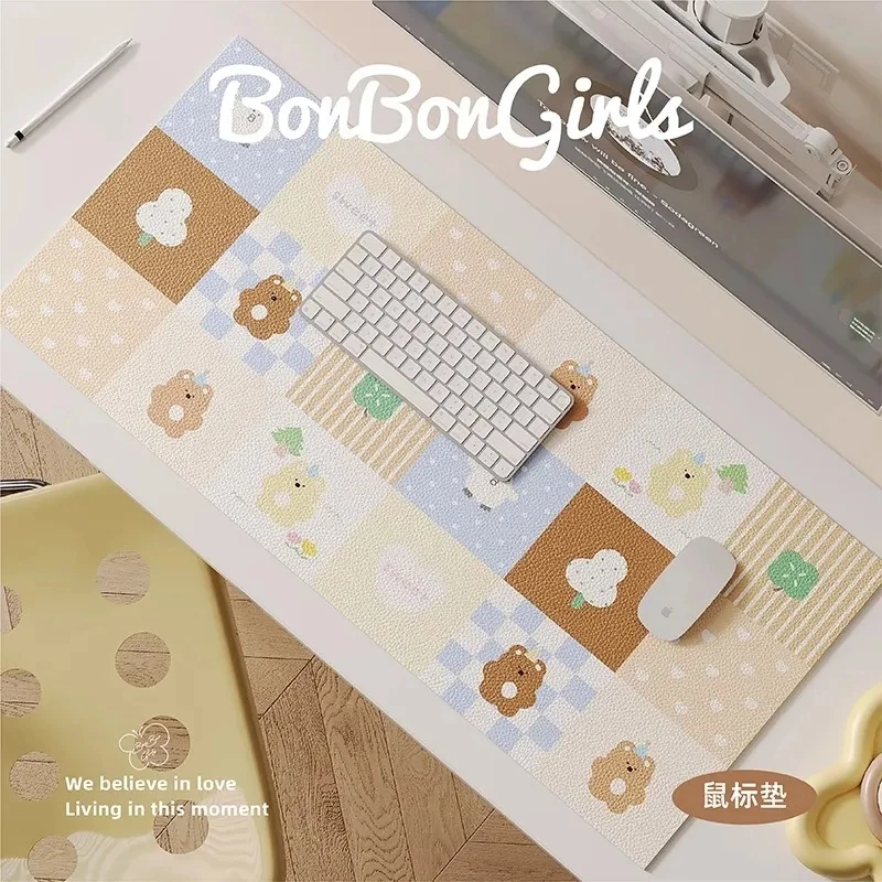 Leather Desk Pad Protector Cute Puzzle Bear Y2K Kawaii Board Mouse Pad Office Desk Mat Waterproof Oilproof PU Desk Keyboard Pads