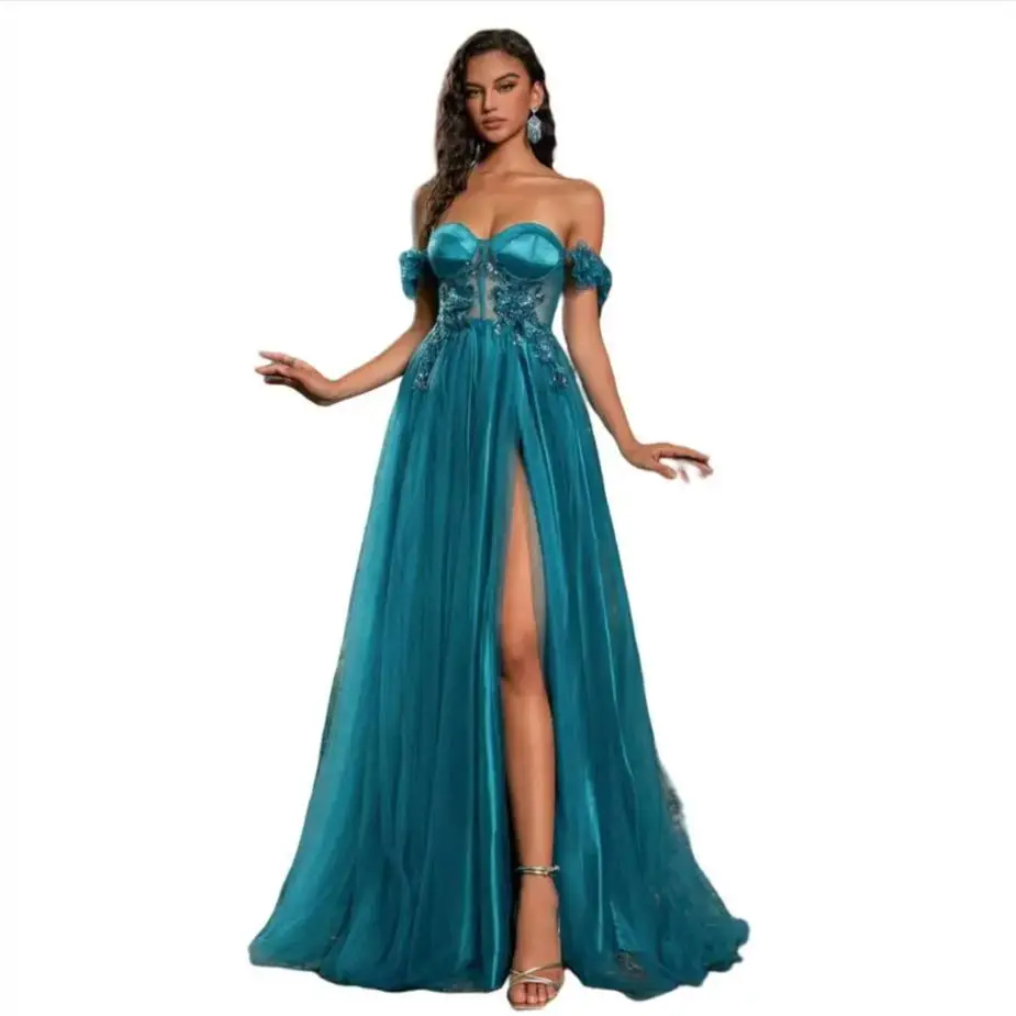 

High Slit Evening Dress Women Corset Off the Shoulder Party Robes Lace Applique Prom Dresses A Line Vestido De Novia Customized