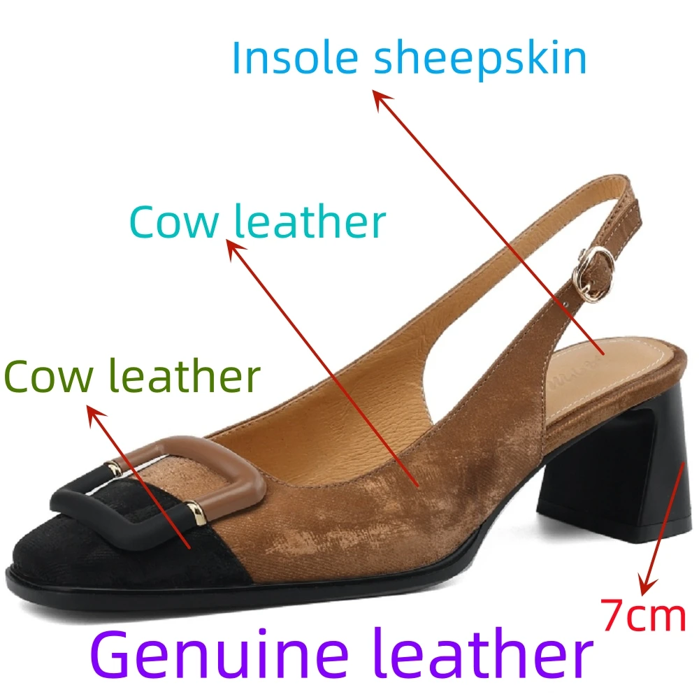 【JOCHEBED HU】Hot Cow Split Leather Summer Square Toe Chunky Mid Heel Shoes Slingback Crystal Shallow Office Lady