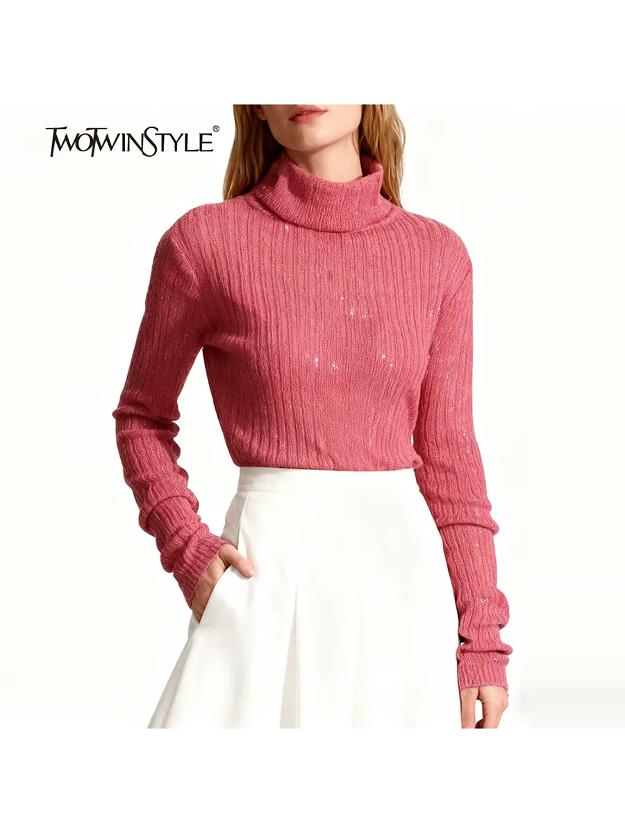 TWOTWINSTYLE Solid Loose Spliced Striped Basics Sweaters for Women High Neck Long Sleeves Casual Sweater Female Fashion Clothing