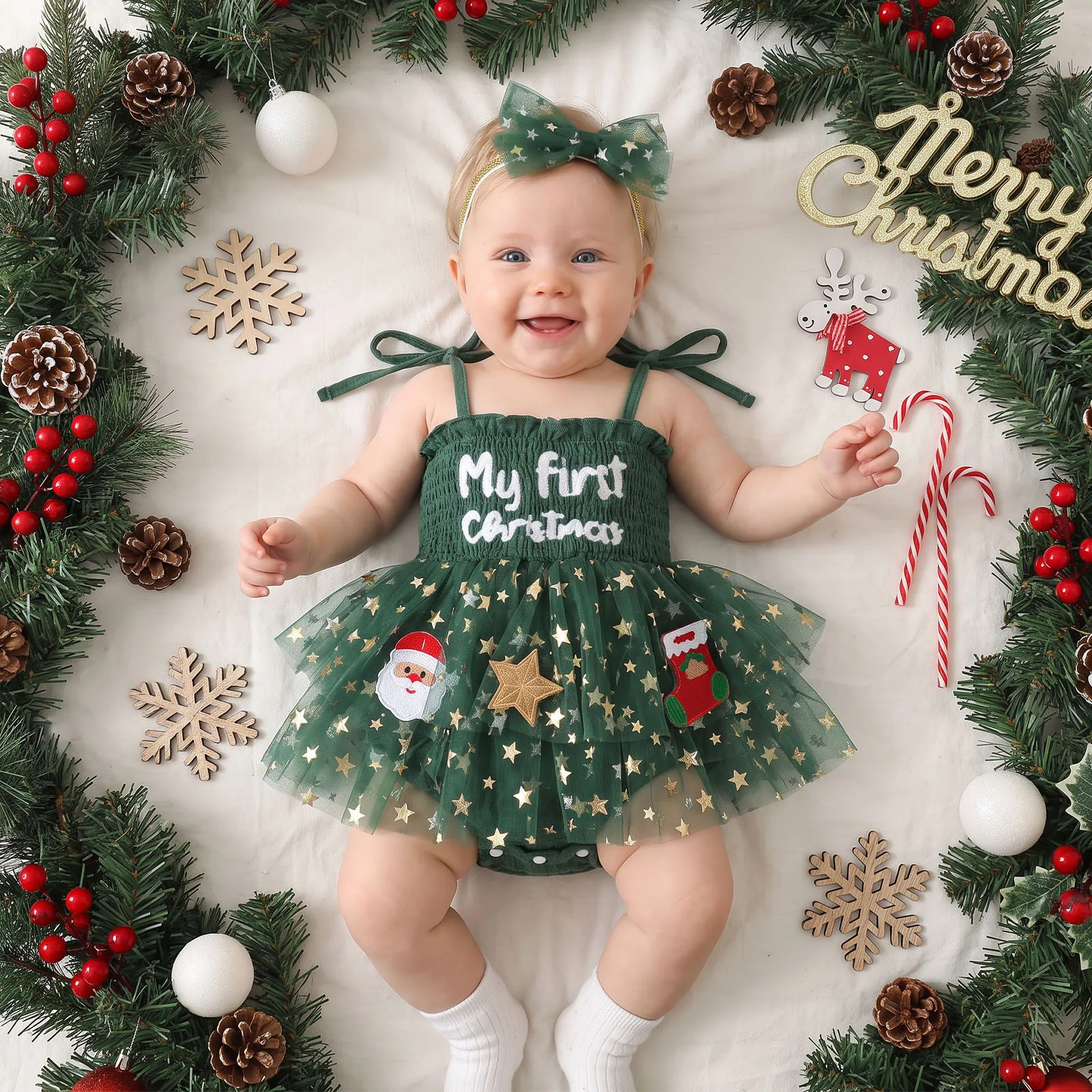 0-18M Baby Girl My First Christmas Bodysuits Outfits Sleeveless Tulle Skirt Romper with Headband