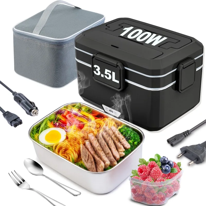 Scaldavivande elettrico da 100 W, contenitore per alimenti da 3,5 L di grande capacità, scaldavivande portatile da 12 V/24 V per auto e 220 V per uso domestico, contenitore in acciaio inossidabile 304