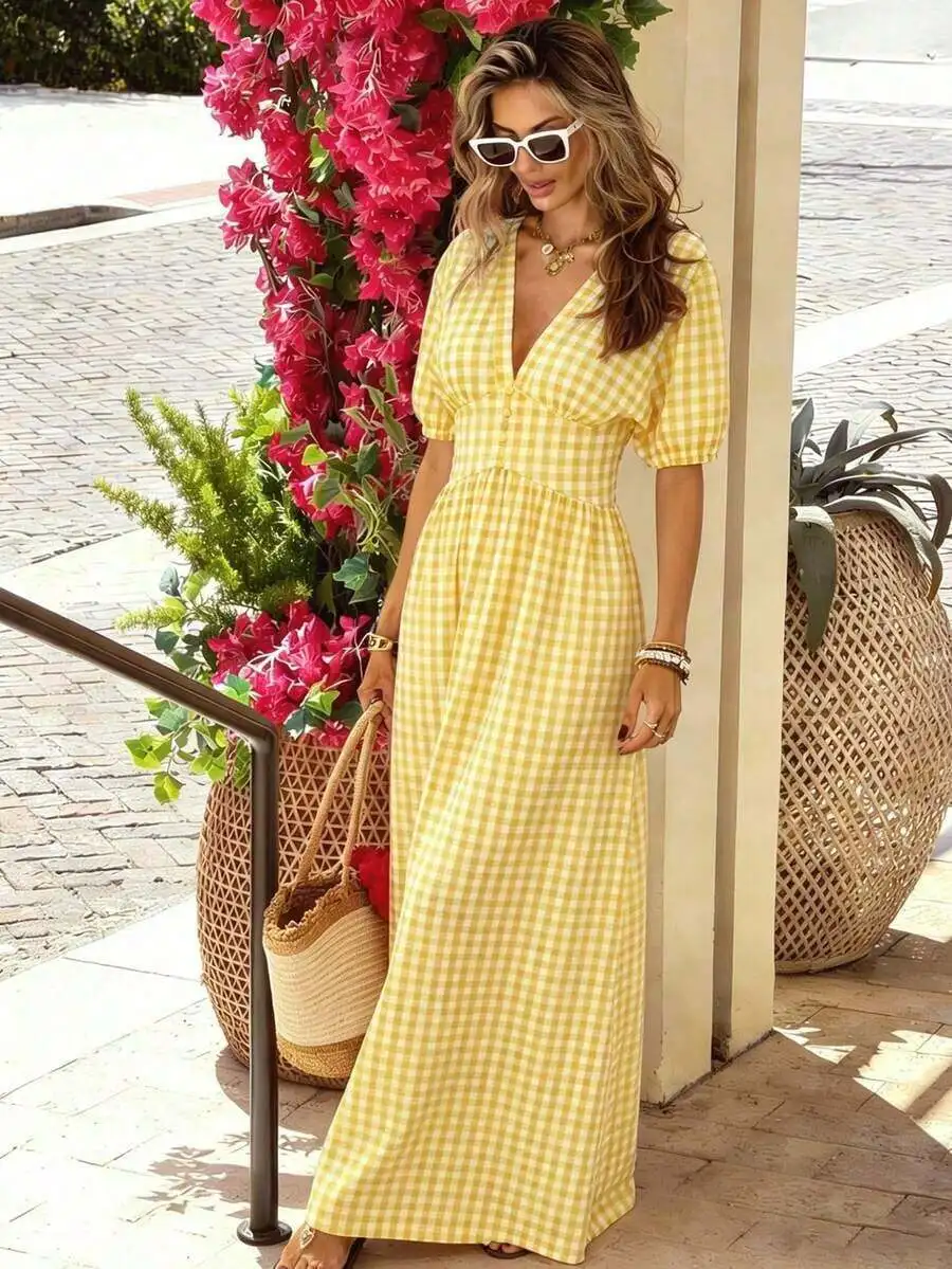 

Women Yellow Gingham V-Neck Puff Sleeve High Waist Long Swing Dress