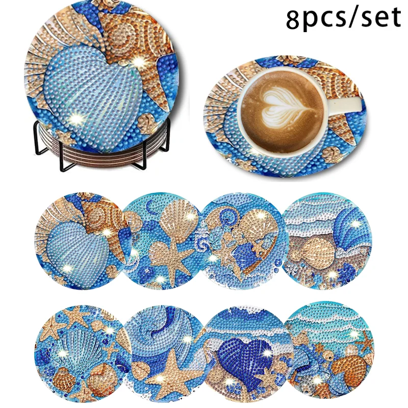 Diamond Painting Special Offer, A Set of 8PCS Diamond Painting DIY Coaster Set with Holder, Special Pattern of Beautiful Ocean S