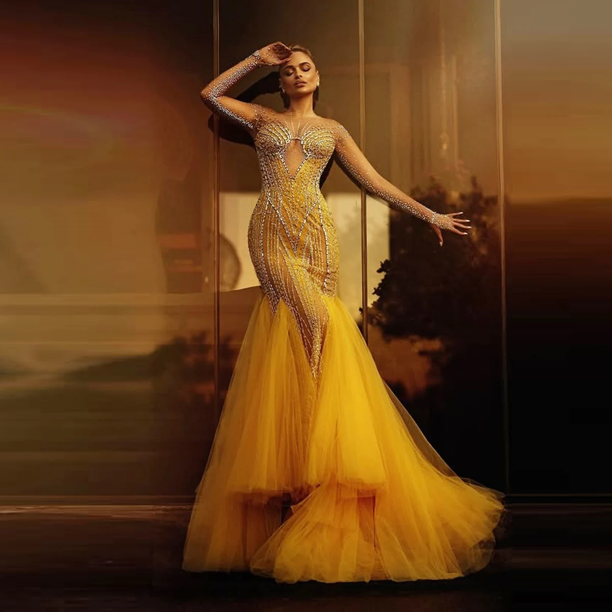 

Роскошное тюлевое платье русалки с бисером для выпускного вечера, прозрачное вечернее платье с длинными рукавами и скользящим шлейфом, свадебное платье