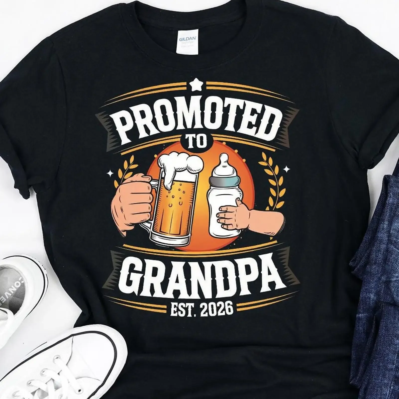 Promoted To Grandpa Est 2026 T Shirt New First Time Pregnancy Announcement Fathers Day Casual vintage Washed graphic