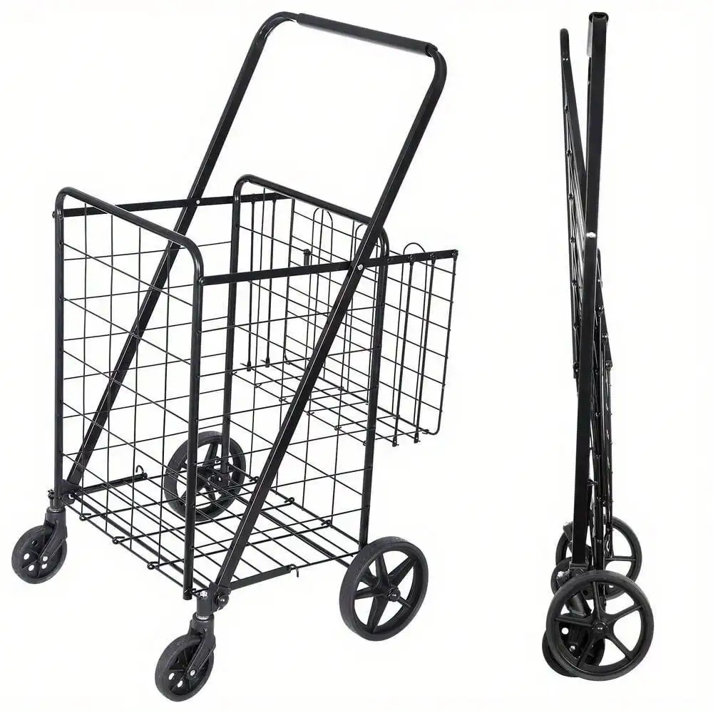 Heavy Duty Folding Shopping Cart Utility Trolley Two Baskets for Grocery Laundry