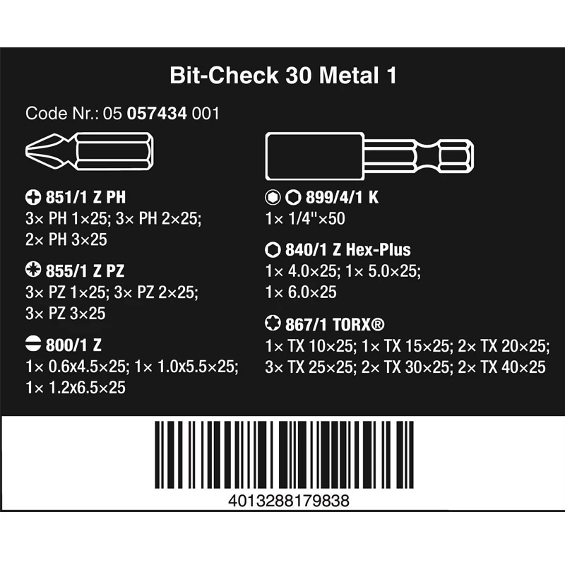 WERA 05057434001 Bit-Check 30 Metal 1 Drill Bit Combination High Quality Materials Exquisite Workmanship Hard And Durable