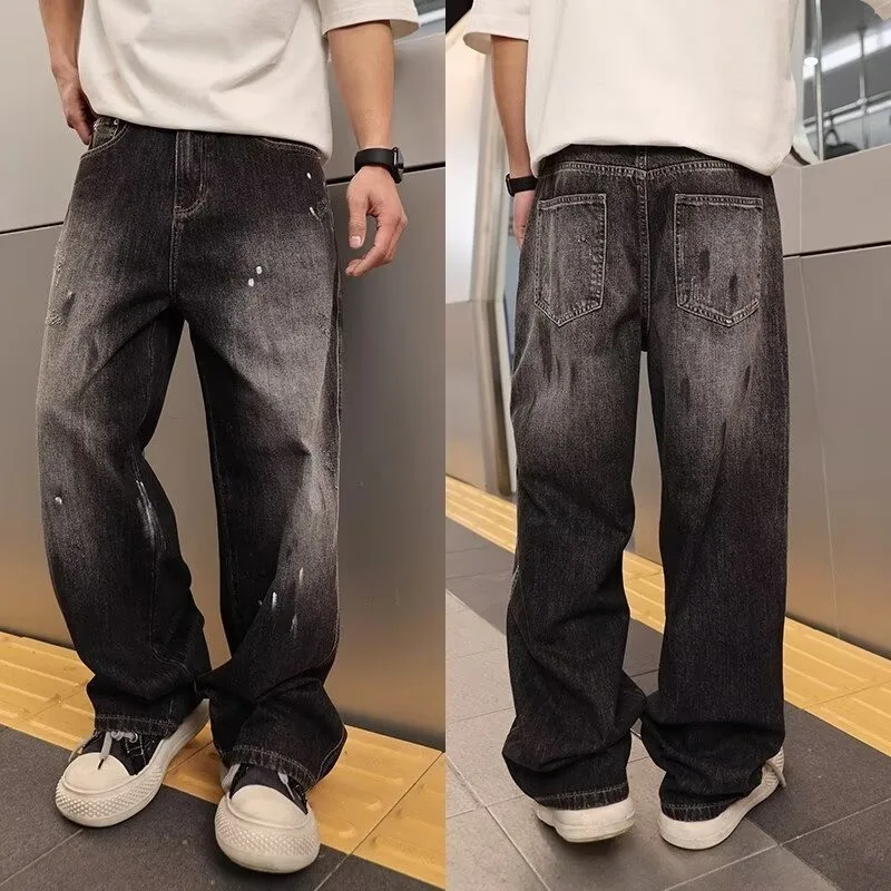 American Retro Paint Splatter Black Gray Jeans For Men Spring Autumn Cool Loose Straight Wide Leg Casual Trendy Denim Long Pants
