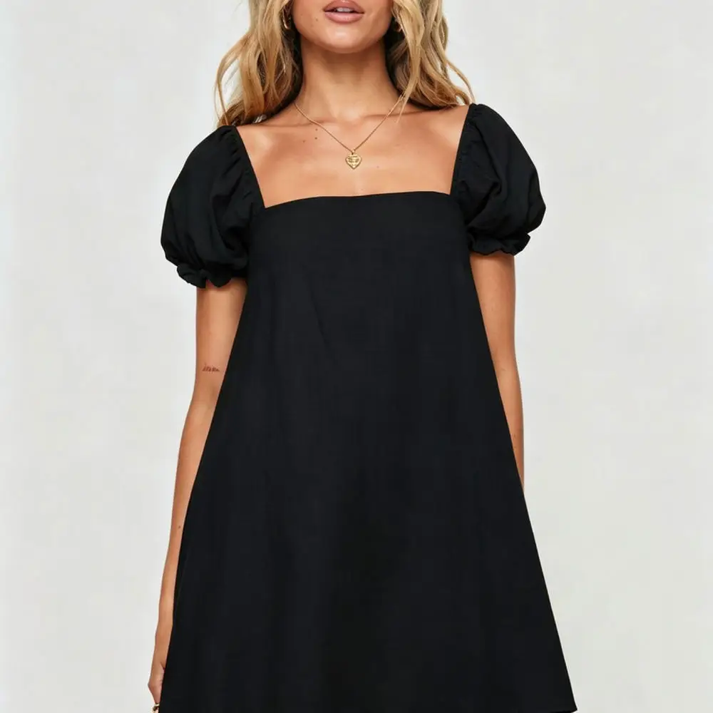 Elegant Women Summer Dress Puff Sleeve Off Shoulder Mini Sundress Cotton Solid Color Slim Fit Casual Beach Holiday Wear