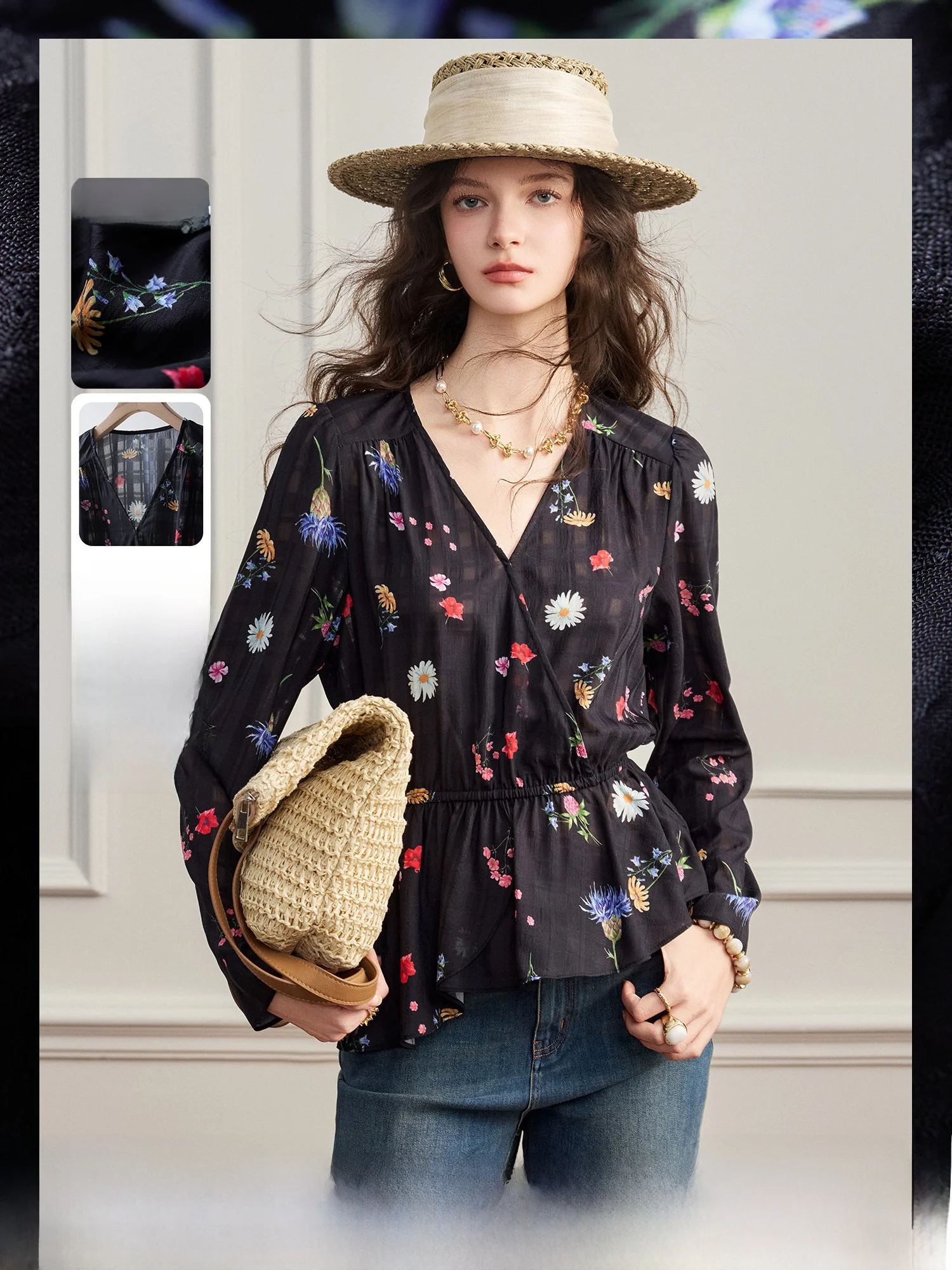 

Women's Long Sleeve V-Neck Printed Shirt Waist-Cinching Commute Style Polyester Fiber 2026 Spring Season Regular Sleeve Length