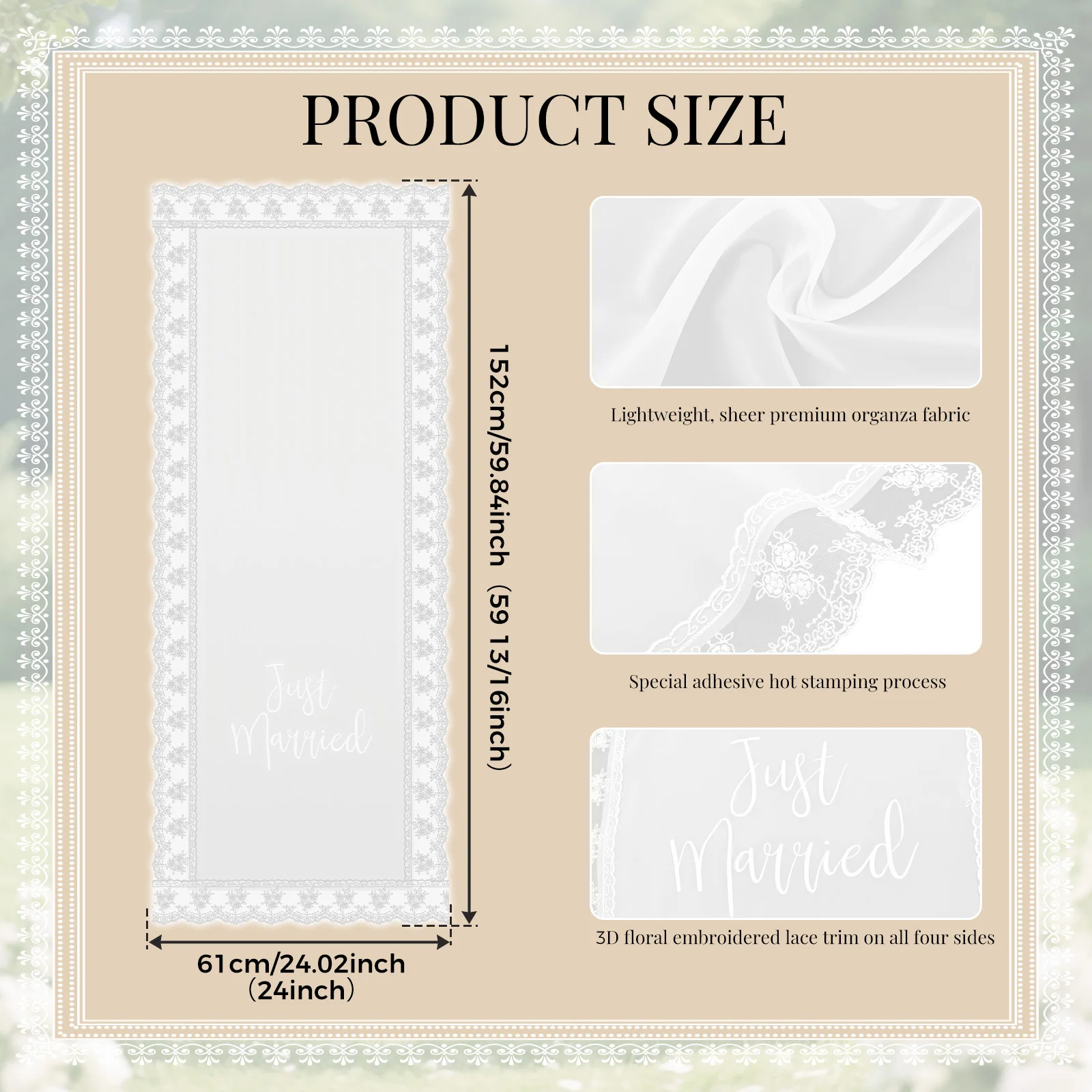 1Pc Wedding Car Banner Lace White Embroidered Lace Soft Drape Just Married Sign Wedding Car Banner for Wedding Cars Decorations