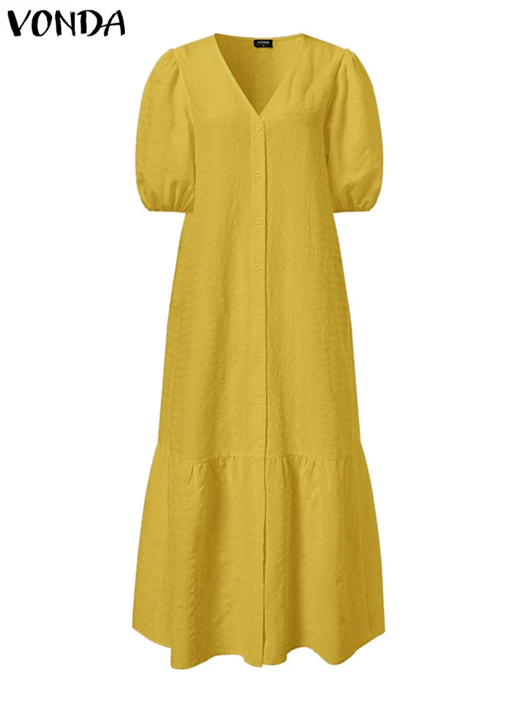 Summer Shirt Dress Women Casual Half Sleeve V Neck Button Down Pleated Long Dresses VONDA Ladies 2023 Bohemian Vestidos Robe