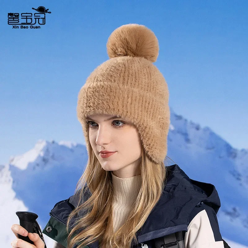 Winter New Korean Ear Cover Knit Hat Versatile Fleece Warm Pom Pom Beanie Women EU US