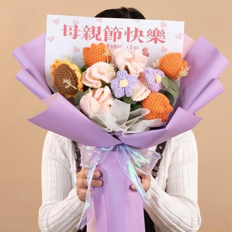 

QX2E Вязаные крючком букеты цветов со светодиодной гирляндой Вязаный цветок на День матери