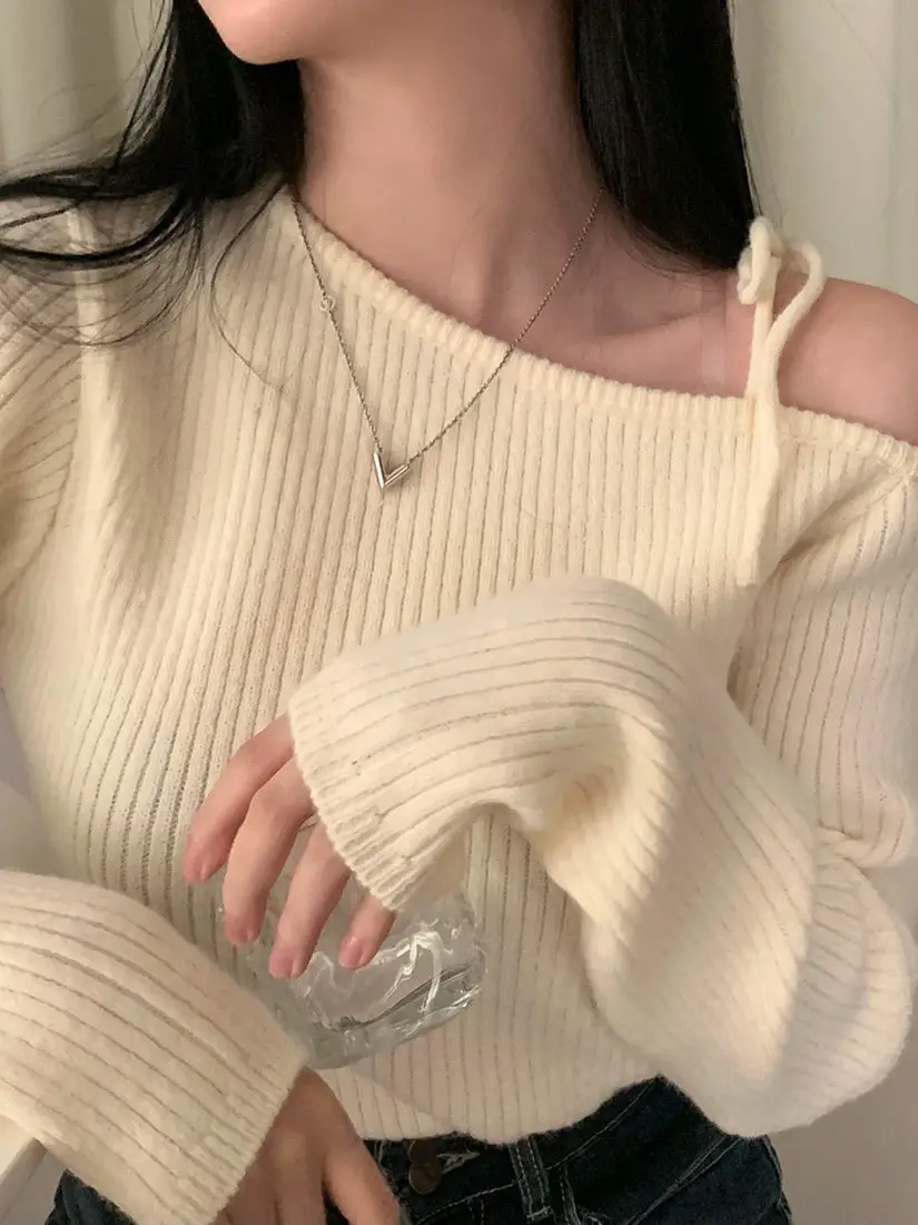 Schicker roter schulterfreier Strickpullover für Damen, Frühling und Herbst, weich, gemütlich, One-Shoulder-Design, Sensation, kleines ence-Top