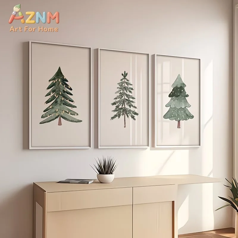 AZNM Frameless 2D Flat Watercolor Green Pine Tree Winter Christmas Canvas Print, Reusable Minimalist Nordic‑style Holiday Indoor