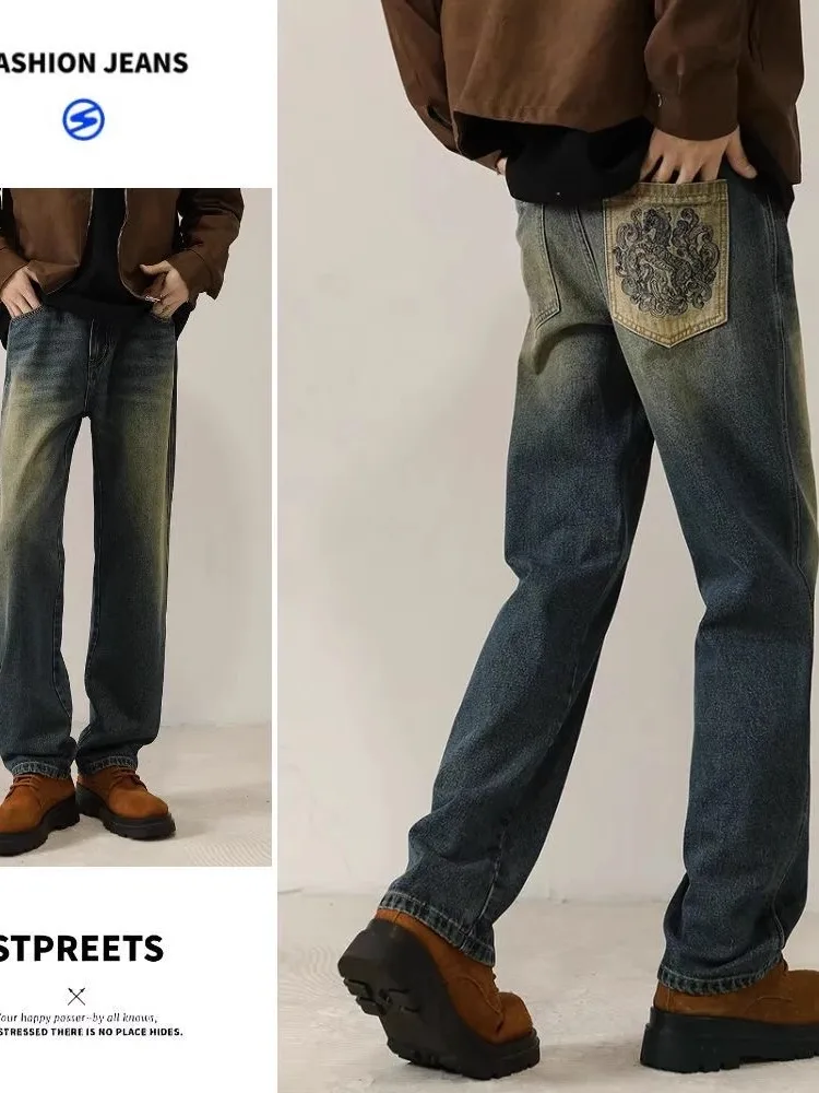 

Винтажные рваные джинсы American Sle, мужские 2026, новые узкие прямые длинные брюки, модные брюки с вышивкой High Street Faion