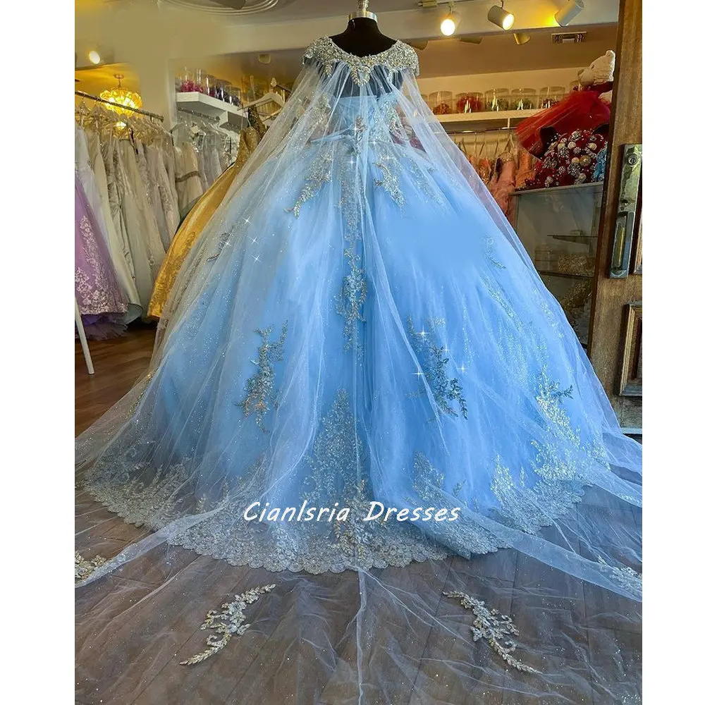 Luz azul querida sem mangas vestido de baile quinceanera vestidos com cabo apliques rendas miçangas espartilho doce 15 meninas festa