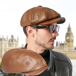 Spring Autumn British Retro Man Leather Flat Octagonal Hat Outdoor Leisure Beret Caps PU Newsboy Cap Men's Painter Beret Gorras