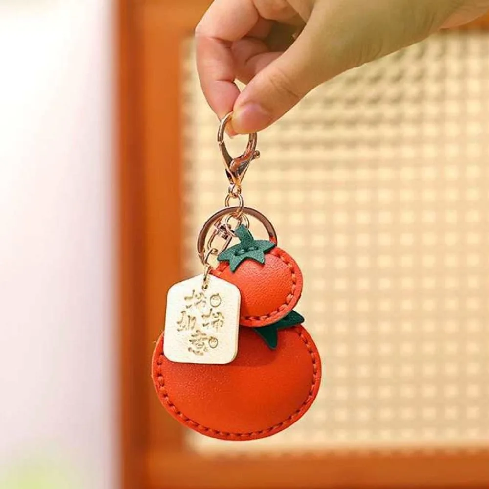 Handmade Soft Persimmon Keychain Funny Design Cartoon Fruit Leather Bag Pendant Backpack Pendant Cute Creative Key Ring Woman