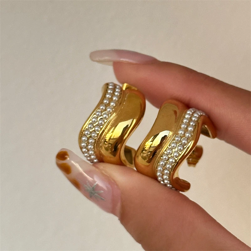 أقراط مرصعة على شكل حرف C للنساء ، فولاذ مقاوم للصدأ 316 لتر ، مجوهرات فريدة ، لؤلؤ مضفر ، منحني ، موضة جديدة ، #3