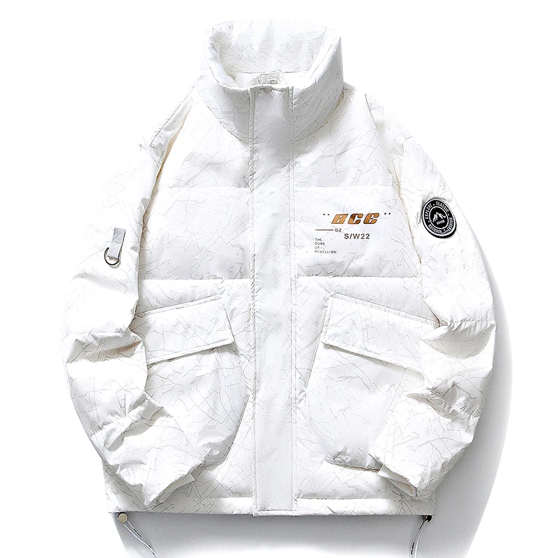 

Белая мужская зимняя куртка-пуховик с принтом, воротником-стойкой, из полиэфирного волокна, молодежная, модная, больших размеров