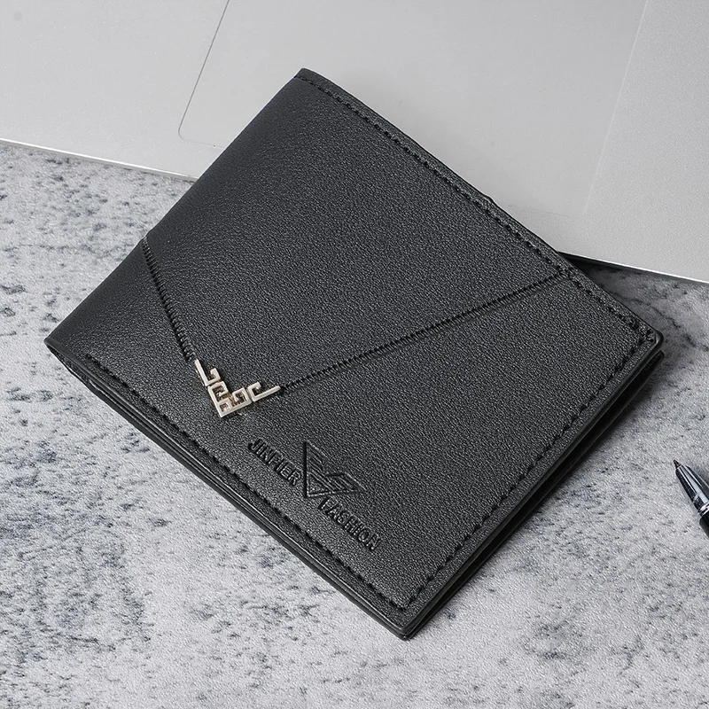 Men's PU Wallet Men's Short Money Clip Young Men Simple Fashion Multi-card Litchi Pattern Cross Splicing Leather Walle