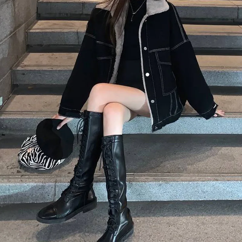 Mulheres denim casaco grosso lapela sólida jaquetas manga cheia único breasted y2k jaqueta solta base casacos bolsos casual inverno 2025