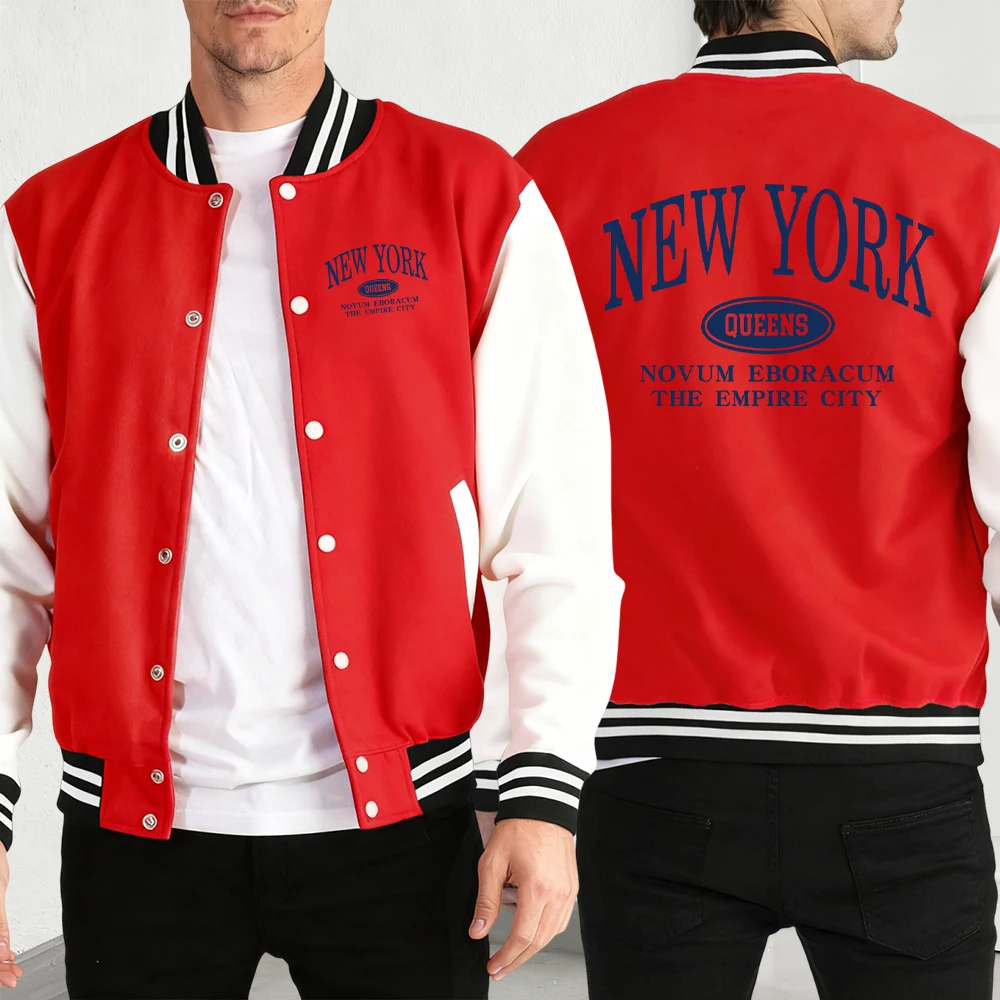 

New York Queens Letters Print Fashion Streetwears Men'S Trendy Warm Tops Basics Winter Menswear Autumn Street Baseball Jersey