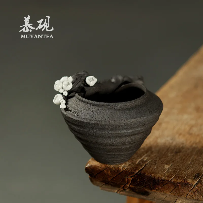Mu Yan Handmade Plum Blossom Bowl, Purely Handcrafted Wabi-Sabi Style Artistic Tea Residue Container, Rustic Ceramic Water
