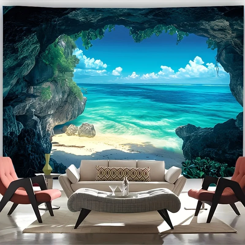 Seaside Cave Landscape Tapestry, Blue Ocean Beach Tropical Cliff Nature Scenery Wall Cloth For Home Bedroom Calming Backdrop