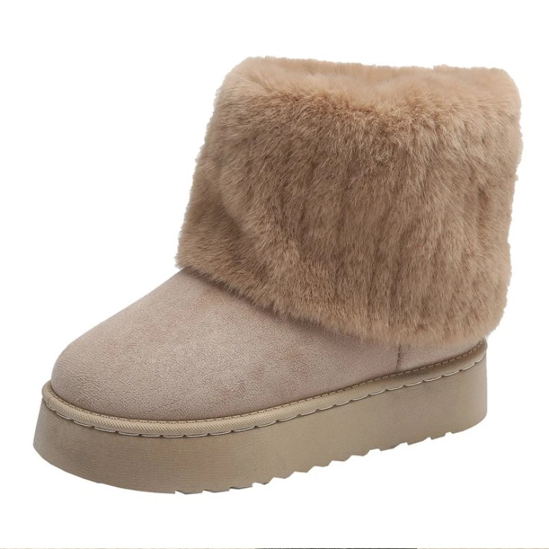 2024 Winter Women Short Plush Warm Snow Boots Casual Shoes New Suede Fur Chelsea Ankle Boots Flats Platform Ladies Shoes Botas