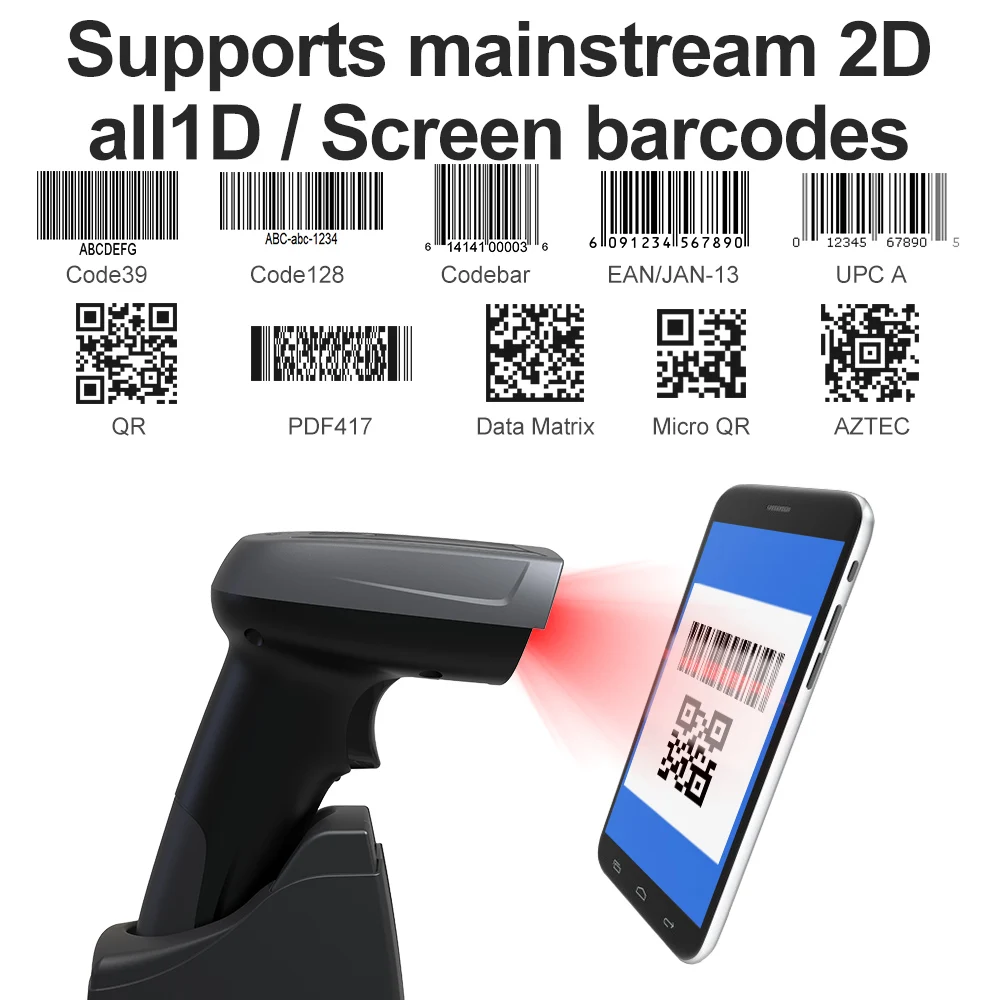 GTCODESTAR Wireless Bluetooth Barcode Scanner 2D Barcode Reader Handheld Barcode Scan Gun Alipay Scanner with Charging Stand
