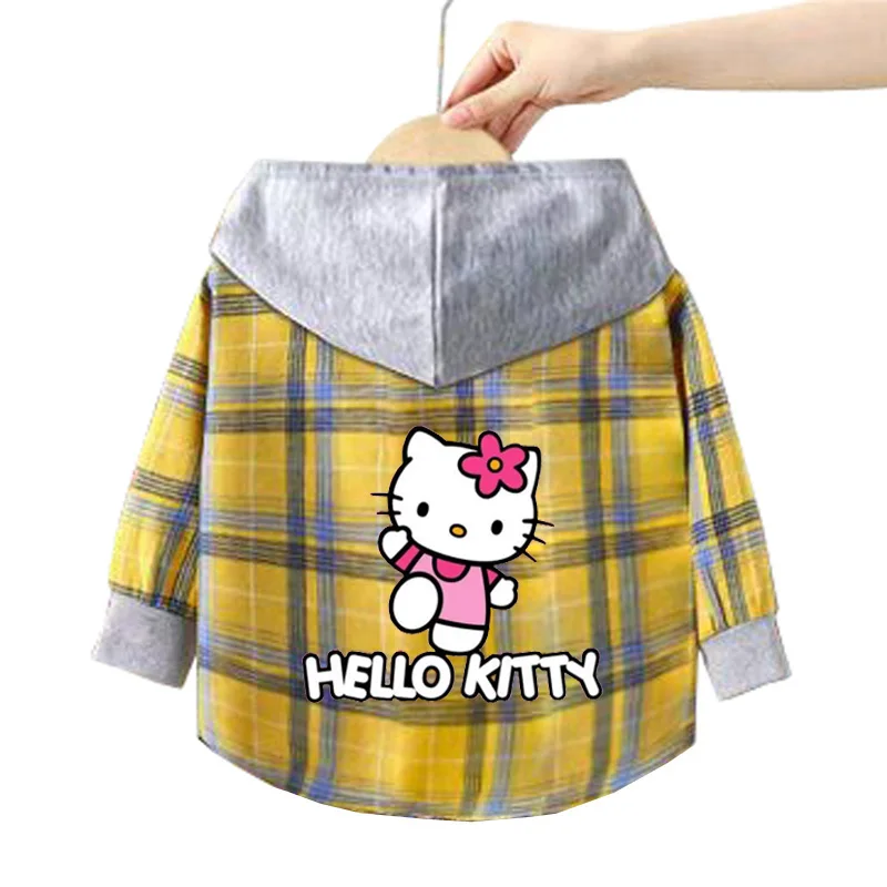 children's cartoon Hooded shirt Kids Spring blouse baby girls hello kitty casual plaid shirt girls Kuromi Summer long-sleeve Top